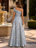 Off Shoulder Floral Jacquard Long Evening Dresses Blue A Line