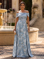 Off Shoulder Bow Satin Bodice Long Evening Dresses Light Blue Gold Floral Jacquard