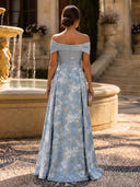 Off Shoulder Bow Satin Bodice Long Evening Dresses Light Blue Gold Floral Jacquard