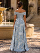 Off Shoulder Bow Satin Bodice Long Evening Dresses Light Blue Gold Floral Jacquard