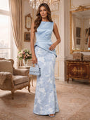 Mermaid Satin Long Evening Dresses Light Blue Floral Jacquard Boat Neck