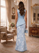 Mermaid Satin Long Evening Dresses Light Blue Floral Jacquard Boat Neck