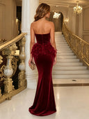 Mermaid Burgundy Velvet Long Evening Dresses Strapless Feather