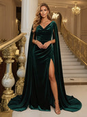 Mermaid Velvet Long Evening Dresses with Slit Emerald Ruched Cowl Neck Cape Sleeves