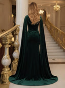 Mermaid Velvet Long Evening Dresses with Slit Emerald Ruched Cowl Neck Cape Sleeves