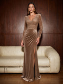 V Neck Lace Velvet Long Evening Dresses with Slit Brown Ruched Long Sleeve