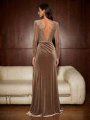 V Neck Lace Velvet Long Evening Dresses with Slit Brown Ruched Long Sleeve