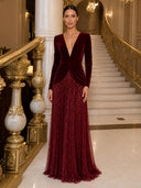 Velvet Evening Dresses Burgundy Sweetheart Neck Long Sleeve Pleated Sequin