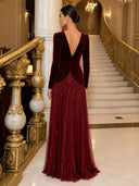 Velvet Evening Dresses Burgundy Sweetheart Neck Long Sleeve Pleated Sequin