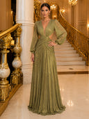 Olive Green Glitter Deep V Neck Evening Dresses Long Sleeve Pleated Cutout