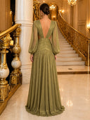 Olive Green Glitter Deep V Neck Evening Dresses Long Sleeve Pleated Cutout