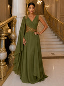 One Shoulder Long Evening Dresses Chiffon Olive Green Cape Sleeve With Embroidery