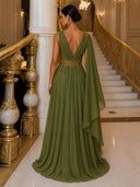 One Shoulder Long Evening Dresses Chiffon Olive Green Cape Sleeve With Embroidery