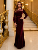 Mermaid Velvet Long Evening Dresses Burgundy Off Shoulder Long Sleeve with Bow