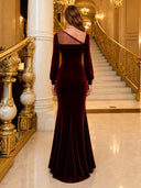 Mermaid Velvet Long Evening Dresses Burgundy Off Shoulder Long Sleeve with Bow