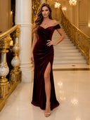 Mermaid Velvet Long Evening Dresses Burgundy Off Shoulder with Slit