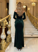 Off Shoulder Mermaid Long Evening Dresses Emerald Green Velvet 3/4 Sleeve Ruched Ruffle