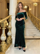 Off Shoulder Mermaid Long Evening Dresses Emerald Green Velvet 3/4 Sleeve Ruched Ruffle