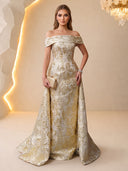 Mermaid Jacquard Evening Dresses Off Shoulder Champagne with Train