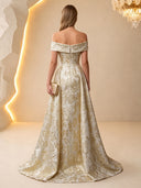 Mermaid Jacquard Evening Dresses Off Shoulder Champagne with Train
