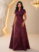 Floral Jacquard Evening Dresses Burgundy V Neck with Short Sleeves A Line