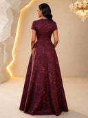 Floral Jacquard Evening Dresses Burgundy V Neck with Short Sleeves A Line