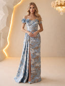 Blue Floral Jacquard Evening Dresses Mermaid Off Shoulder with 3D Flowers High Slit