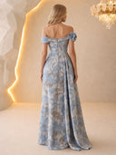Blue Floral Jacquard Evening Dresses Mermaid Off Shoulder with 3D Flowers High Slit