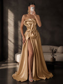 Satin Evening Dresses Gold Strapless Draped Satin 3D Ruffle Bodice High Slit