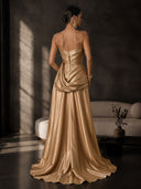 Satin Evening Dresses Gold Strapless Draped Satin 3D Ruffle Bodice High Slit