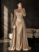 Satin Mermaid Evening Dresses Long Sleeve Beaded Sheer Neck Satin Overlay