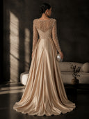 Satin Mermaid Evening Dresses Long Sleeve Beaded Sheer Neck Satin Overlay