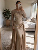 Satin Mermaid Evening Dresses Long Sleeve Beaded Sheer Neck Satin Overlay