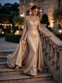 Satin Mermaid Evening Dresses Long Sleeve Beaded Sheer Neck Satin Overlay