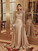 Satin Mermaid Evening Dresses Long Sleeve Beaded Sheer Neck Satin Overlay
