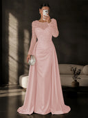 Satin Mermaid Evening Dresses Long Sleeve Beaded Sheer Neck Satin Overlay