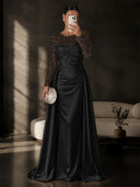 Satin Mermaid Evening Dresses Long Sleeve Beaded Sheer Neck Satin Overlay