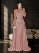 Satin Mermaid Evening Dresses Long Sleeve Beaded Sheer Neck Satin Overlay