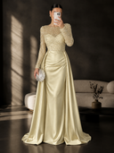 Satin Mermaid Evening Dresses Long Sleeve Beaded Sheer Neck Satin Overlay