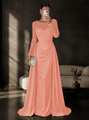 Satin Mermaid Evening Dresses Long Sleeve Beaded Sheer Neck Satin Overlay
