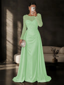 Satin Mermaid Evening Dresses Long Sleeve Beaded Sheer Neck Satin Overlay