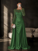 Satin Mermaid Evening Dresses Long Sleeve Beaded Sheer Neck Satin Overlay