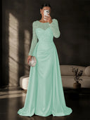 Satin Mermaid Evening Dresses Long Sleeve Beaded Sheer Neck Satin Overlay