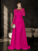 Satin Mermaid Evening Dresses Long Sleeve Beaded Sheer Neck Satin Overlay