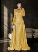 Satin Mermaid Evening Dresses Long Sleeve Beaded Sheer Neck Satin Overlay
