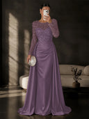 Satin Mermaid Evening Dresses Long Sleeve Beaded Sheer Neck Satin Overlay