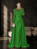 Satin Mermaid Evening Dresses Long Sleeve Beaded Sheer Neck Satin Overlay