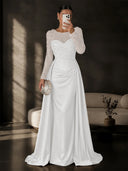 Satin Mermaid Evening Dresses Long Sleeve Beaded Sheer Neck Satin Overlay