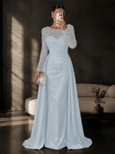 Satin Mermaid Evening Dresses Long Sleeve Beaded Sheer Neck Satin Overlay