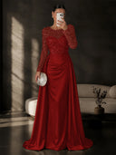 Satin Mermaid Evening Dresses Long Sleeve Beaded Sheer Neck Satin Overlay